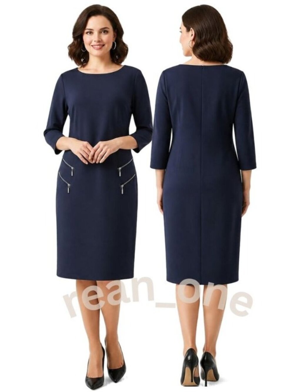 Nina Leonard Women’s Navy Blue Zippered Pockets 3/4 Sleeve Sheath Dress Medium